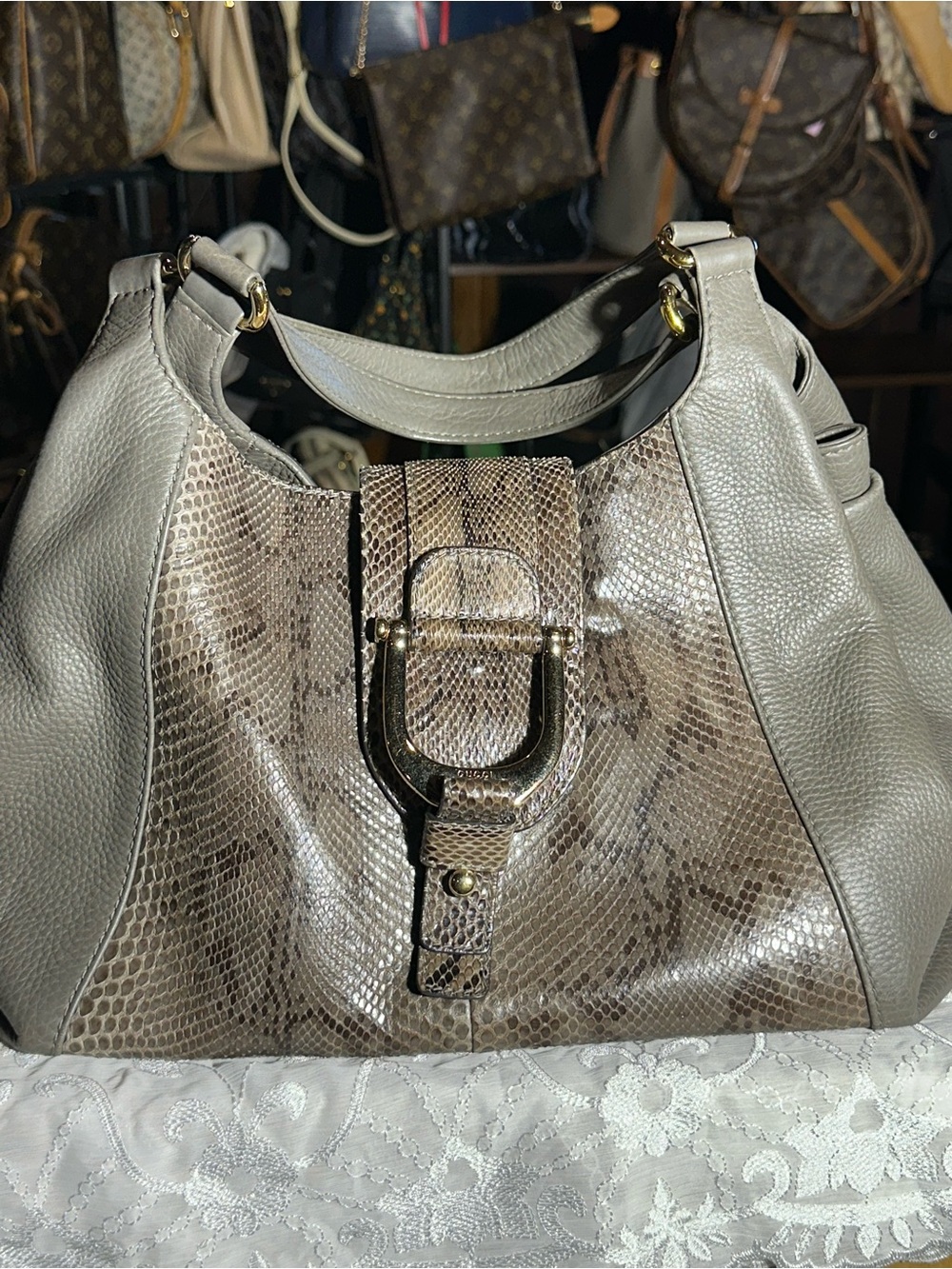 Gucci Taupe & Snake-Print Leather Shoulder Bag with Gold Buckle